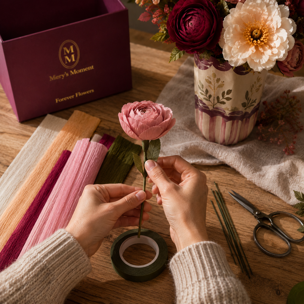 FOREVER FLOWERS — Flores de papel y jarrón para pintar