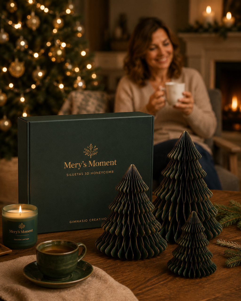Mujer disfrutando en casa de una experiencia creativa de Navidad con tres árboles honeycomb, vela y té
